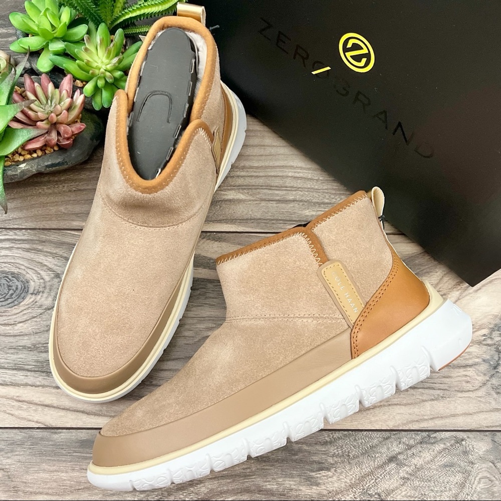 NIB Cole Haan Zerogrand Water Resistant Bootie Birch Beige Suede Leather